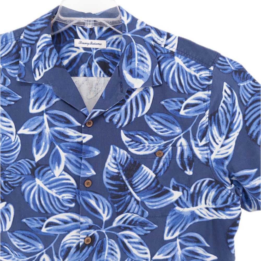 Tommy Bahama Mens XL 100% Silk Button Up Camp Shirt Blue Tropical Leaf Hawaiian